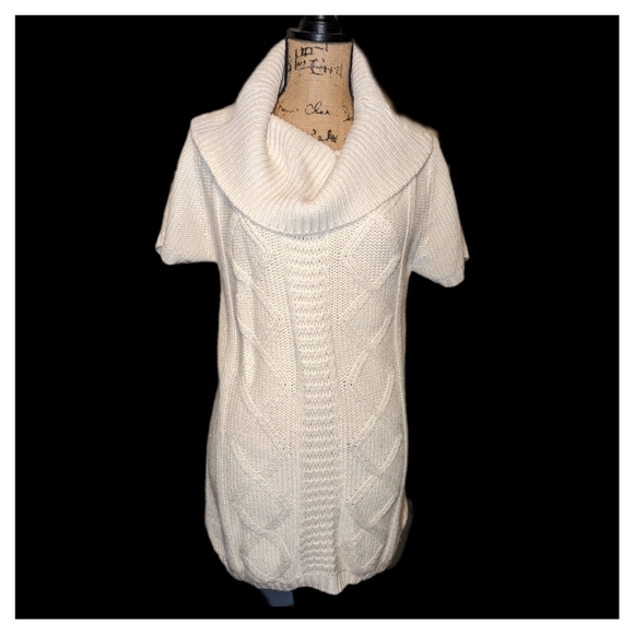 Cowl Neck Short Sleeve Knit Sweater Dress White Medium - Picture 1 of 3